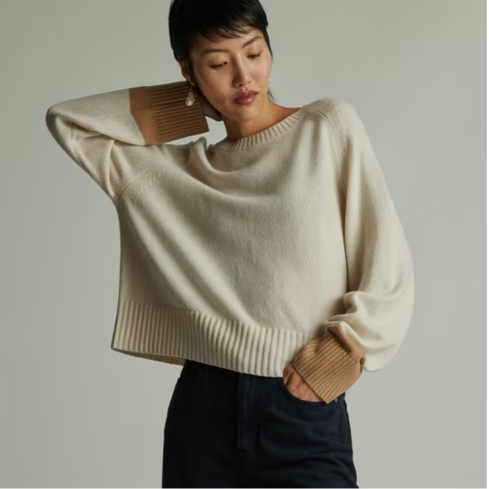 Everlane Soft Cream and Brown Crew Neck Sweater